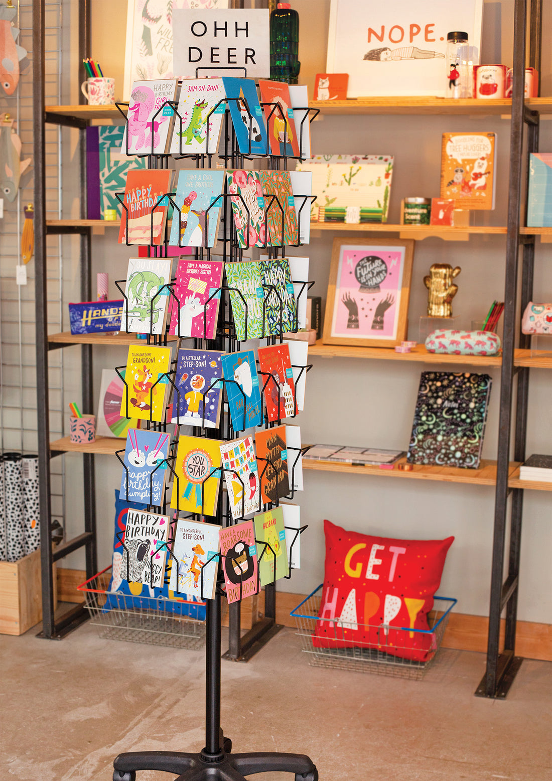 A greeting card spinning display unit in a shop