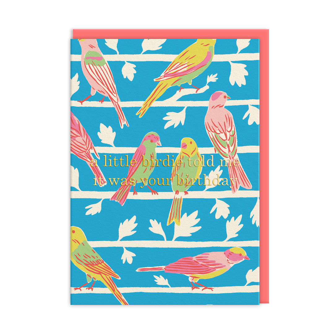 Colourful birthday card with artistic bird illustrations by Emily Taylor. gold foil text reads "A Little Birdie Told Me It Was Your Birthday"