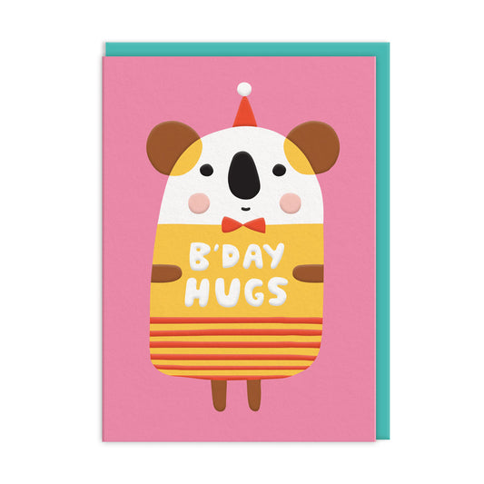 Colourful koala bear bearing a bow tie and party hat, on a solid vibrant pink background. Text reads 'b'day hugs'