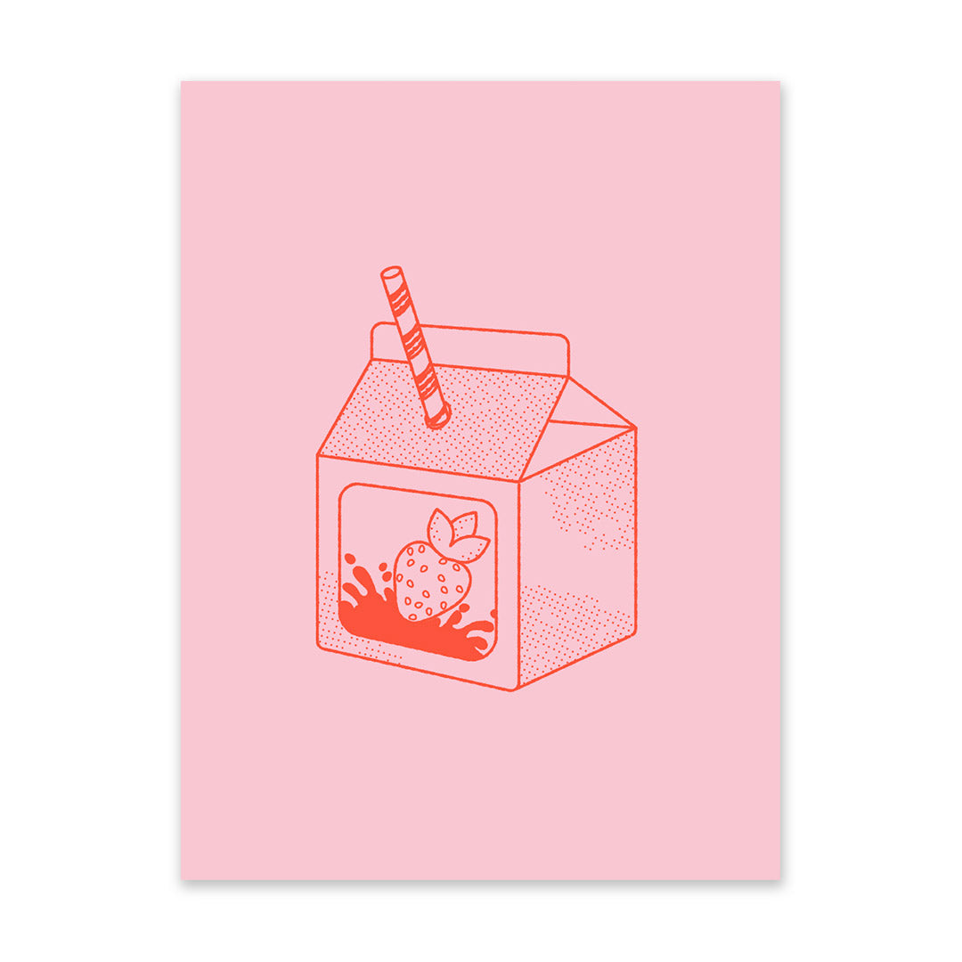 Pink and Red Strawberry Milk Riso Print (8x6)(10946)