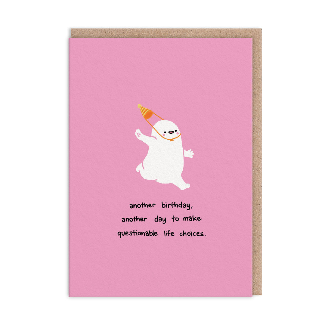bold pink card, with nude illustration running with a party hat. Text reads "another birthday, another day to make questionable life choices"