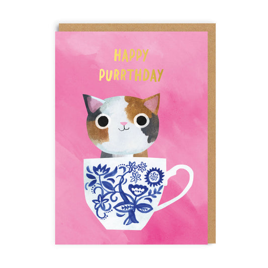Pink Teacup Cat Birthday Card (9445)
