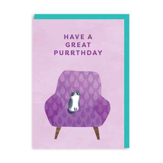Purple birthday card with a cat on a chair and text that reads Have A Great Purrthday