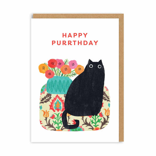 Birthday card with a black cat in front of a floral design and text that reads Happy Purrthday
