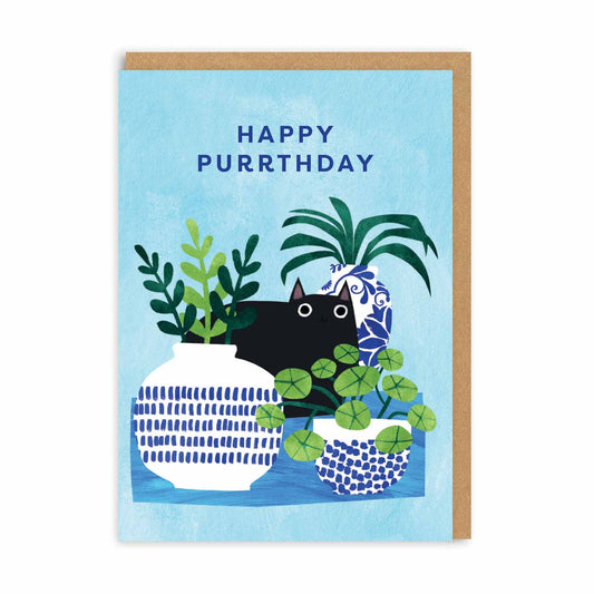Birthday card with a cat amongst vases and text that reads Happy Purrthday