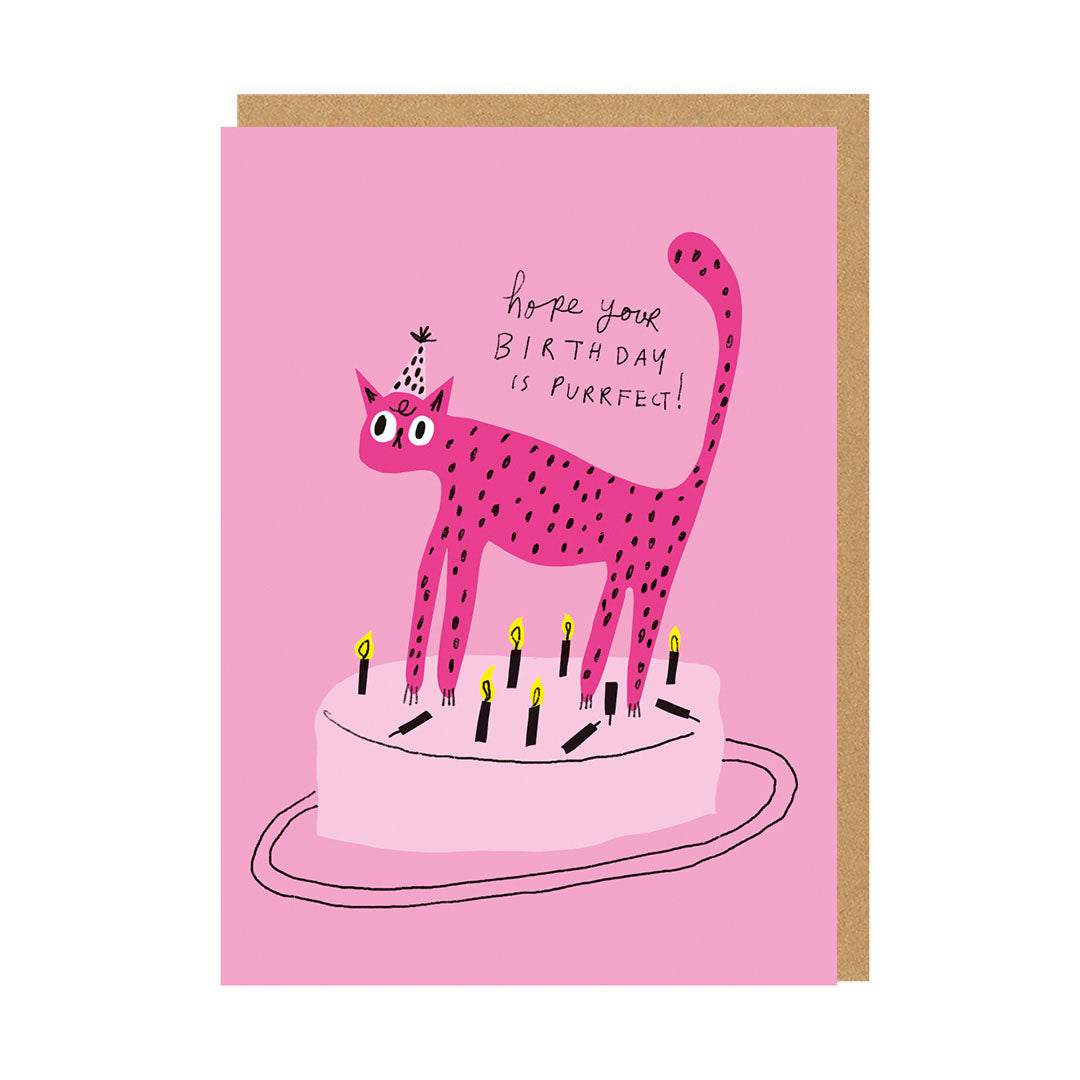 Pink birthday card with cat on a cake illustration and text reading hope you birthday is purrfect