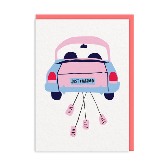 Wedding card with an illustration of a car with trailing cans. The number plate on the reads "Just Married"