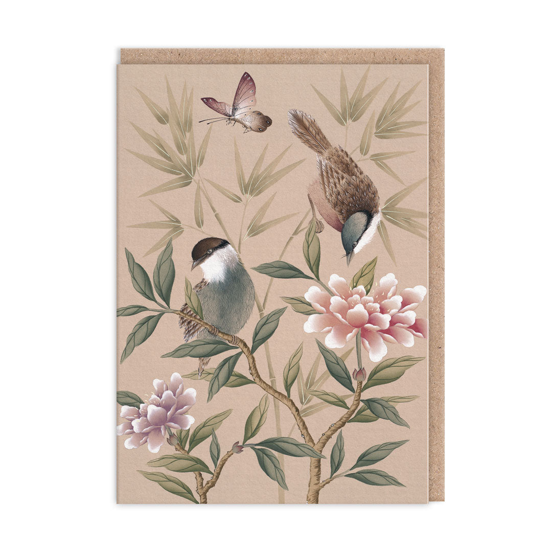 Greeting card with an illustration by Diane Hill of song birds and bamboo branches and flowers