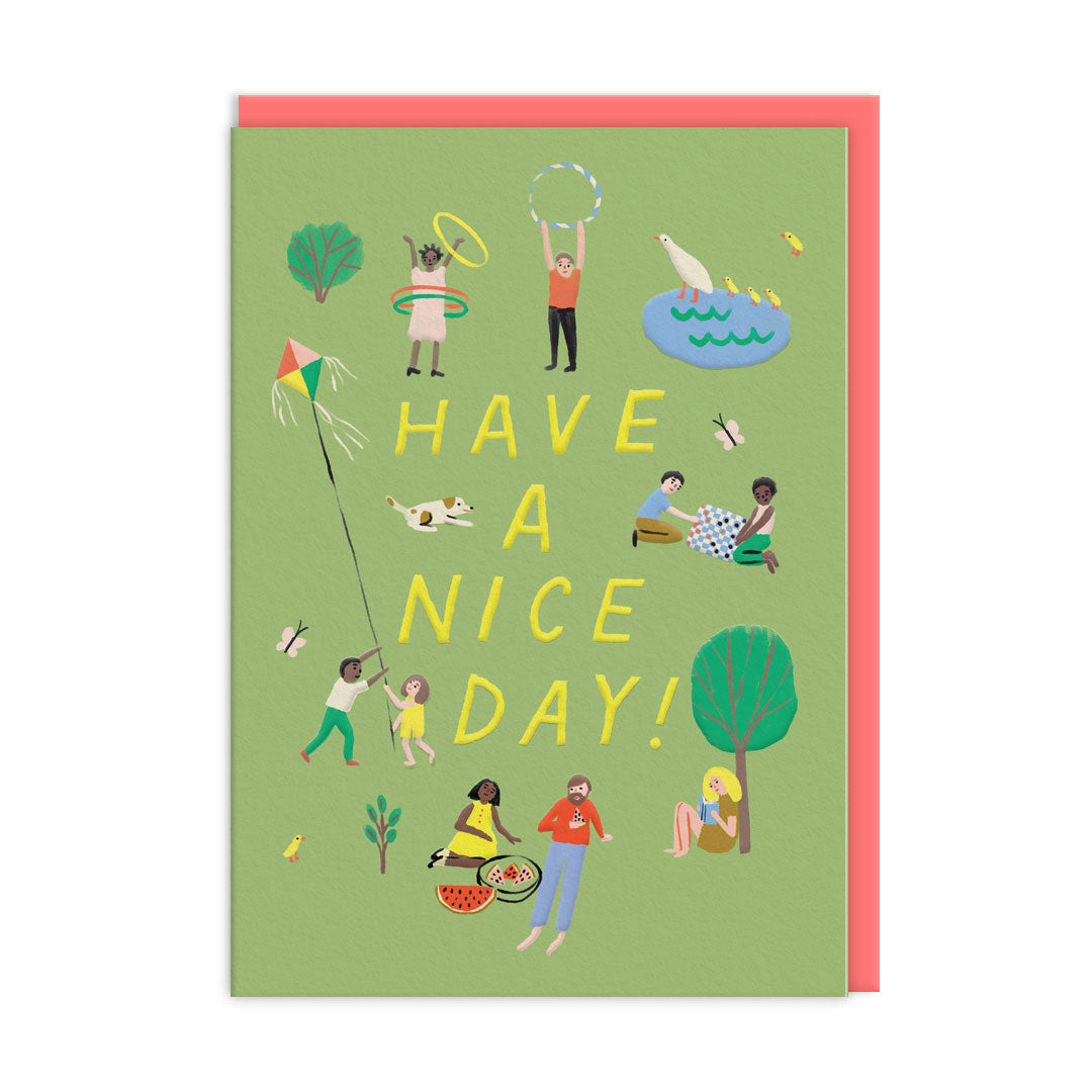Green birthday card with a park scene illustration. Yellow embossed text reads Have A Nice Day