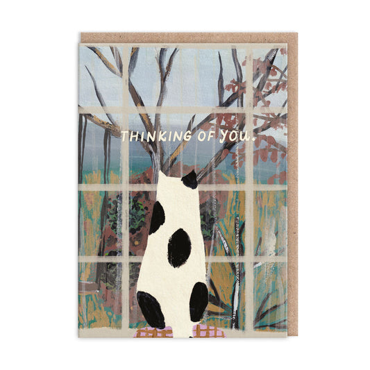 Thinking of you card with an illustration of a cat looking out of a window