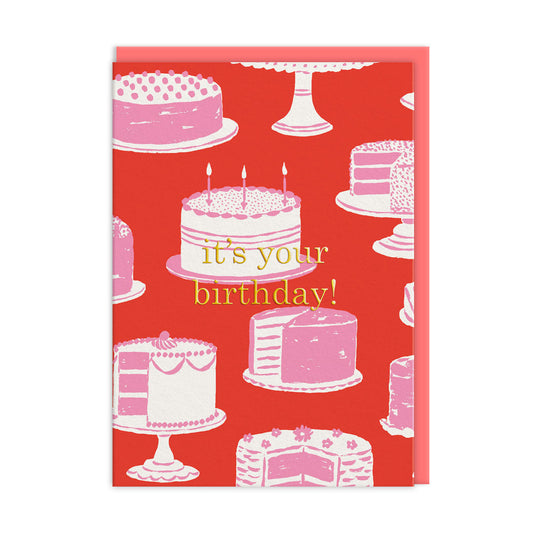 Birthday Card featuring a classy Birthday Cakes on stands design by Emily Taylor with gold foil text that reads It's Your Birthday