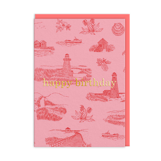 Pink Birthday Card with several lighthouse illustrations by Emily Taylor. Gold Foil text reads Happy Birthday