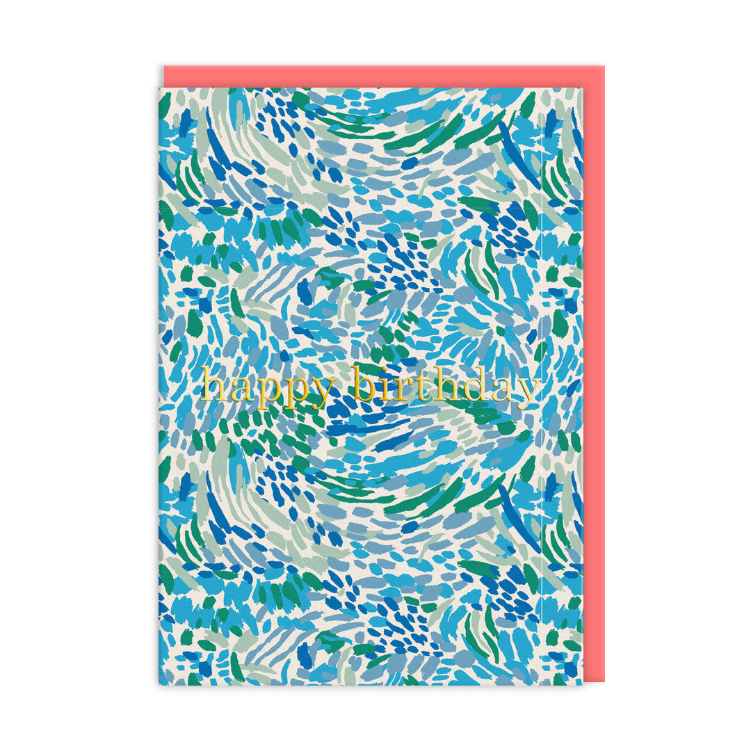 Birthday card with a vivid blue abstract design by Emily Taylor with gold foil text that reads Happy Birthday