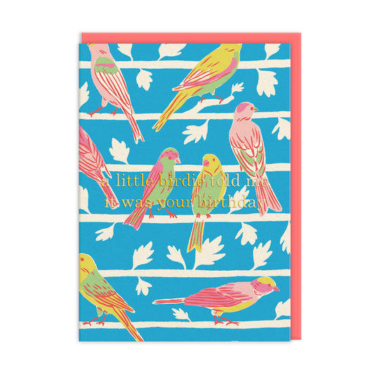 Colourful birthday card with artistic bird illustrations by Emily Taylor. gold foil text reads "A Little Birdie Told Me It Was Your Birthday" 