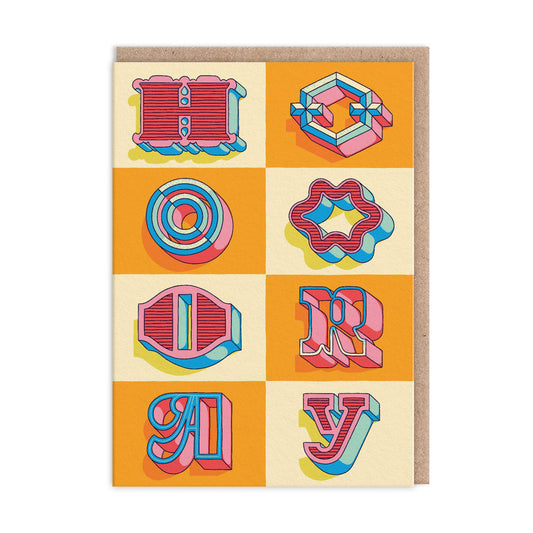 Typographic card with individual lettering that spells "Hooray"