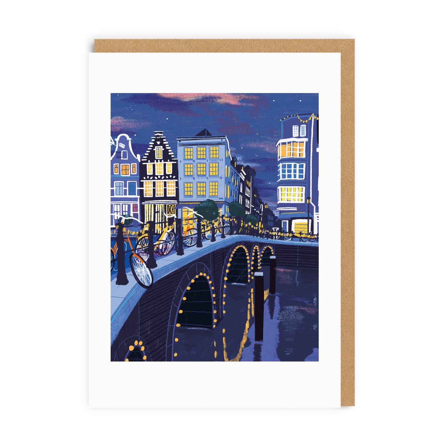 Greetibng card with an illustration depicting an Amsterdam canal bridge at night