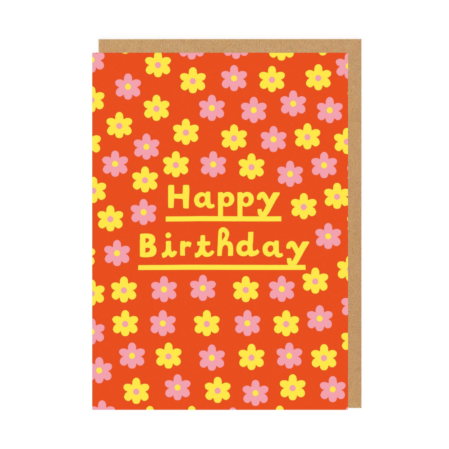Birthday card with a red background and pink and yellow daisies