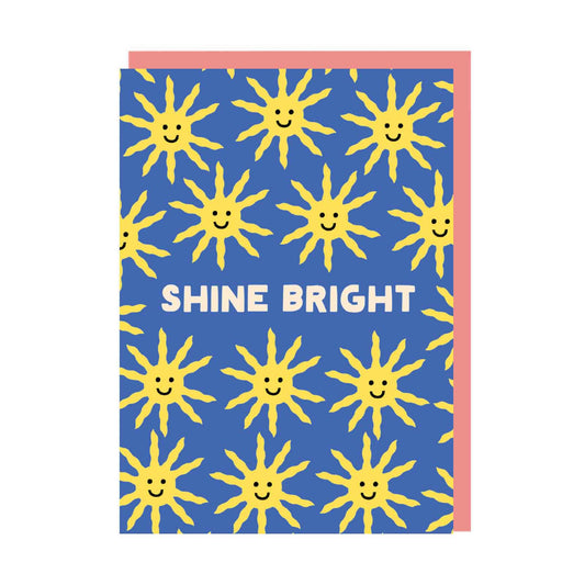 Blue greeting card with a repeat yellow  smiling sunshine illustration and the caption Shine Bright