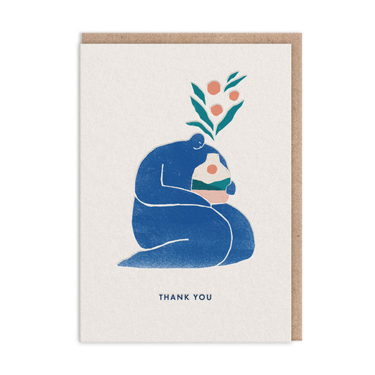 Thank you card with an illustration of a figure holding a vase. Text reads "Thank You"