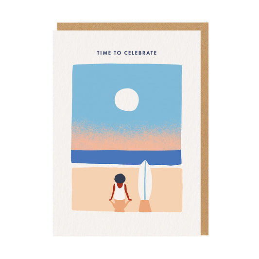 Celebration greeting card with a surfer sat on a beach illustration and the caption reading Time To Celebrate