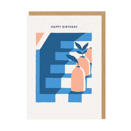 Artistic birthday card featuring plant pots on a stairway illustration