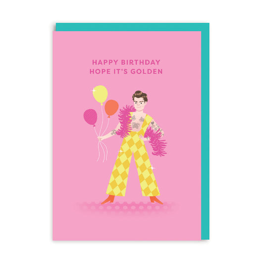 Birthday card with a Harry Styles illustration and the caption Happy Birthday Hope It's Golden