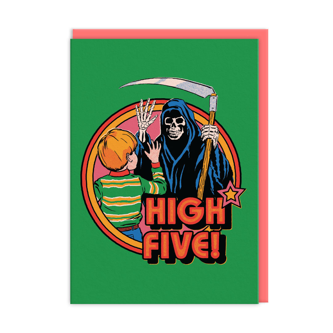 Greeting card with a retro style illustration of a child about to high five death