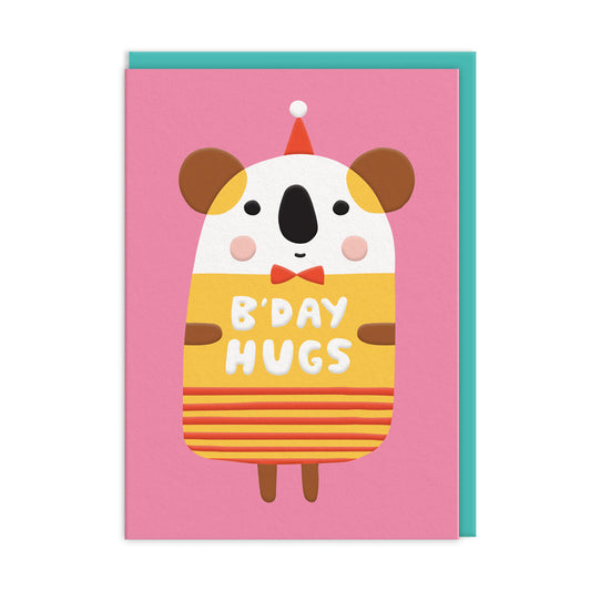  Colourful koala bear bearing a bow tie and party hat, on a solid vibrant pink background. Text reads 'b'day hugs'