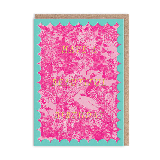 Scalloped Pink Peacock Greeting Card (12611)