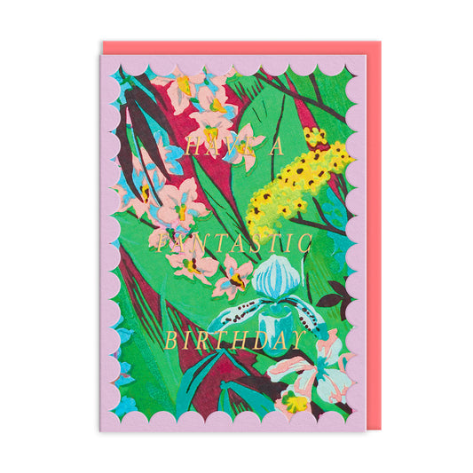 Scalloped Lilac Tropical Florals Greeting Card (12617)