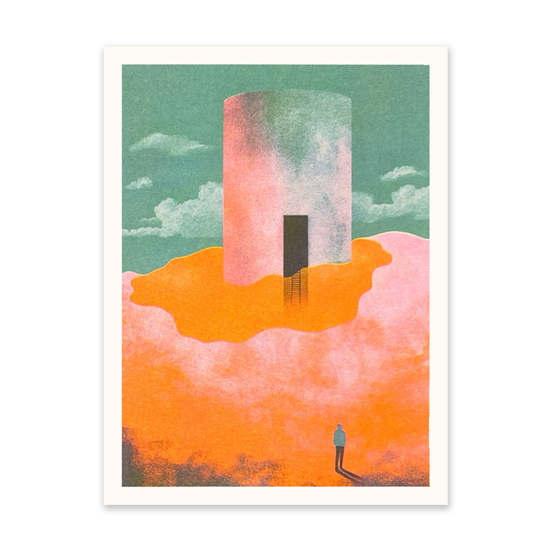 Figure and Tower In The Clouds Riso Print (8x6)(10913)