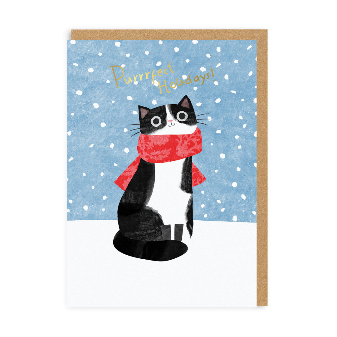 Black and White Cat Red Scarf Christmas Card