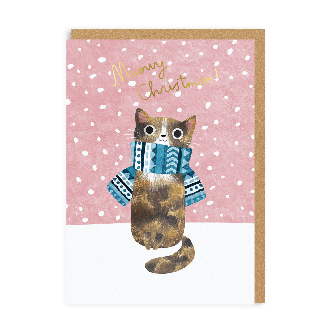 Tabby Cat Blue Scarf Christmas Card