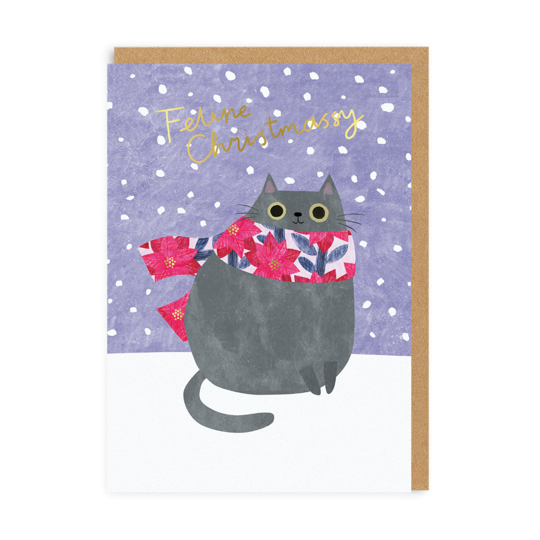 Grey Cat Floral Scarf Christmas Card